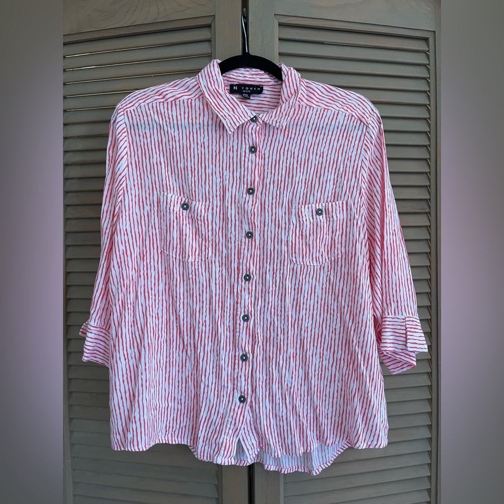 Striped Button-Up Blouse - Red and White